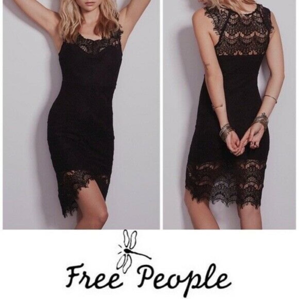 Intimately Free People Black Peekaboo Lace Slip Dress Scallop Hem Size S/M